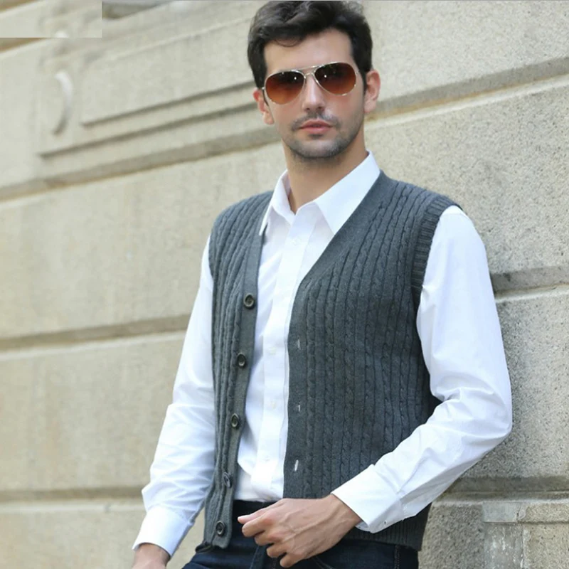 Мужской жилет с треугольным вырезом вязаный Повседневный без рукавов из 100%