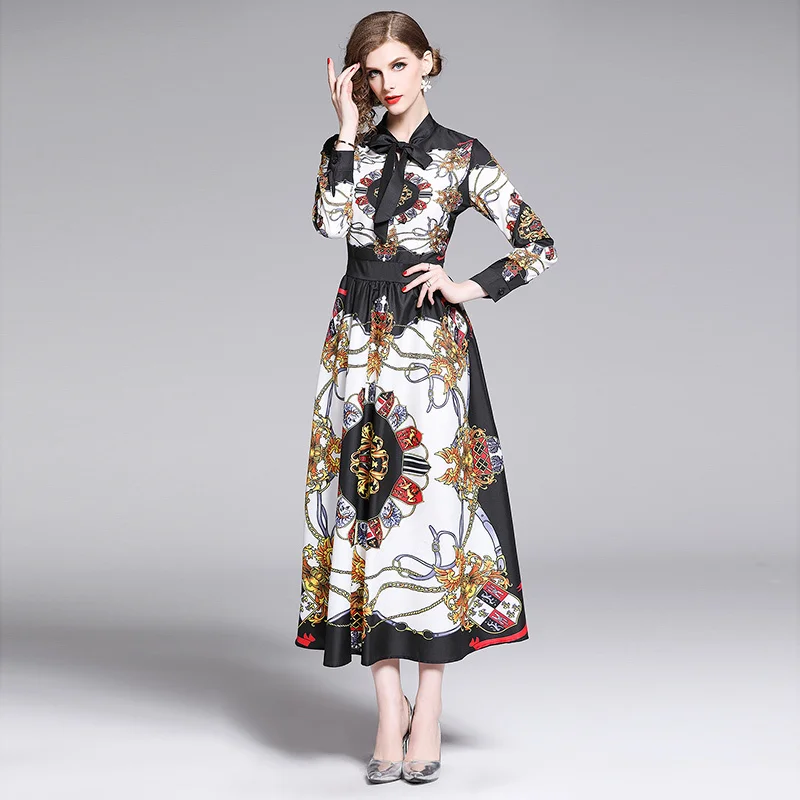 Винтаж печатных подиумные платья 2019 летние Для женщин с длинным рукавом