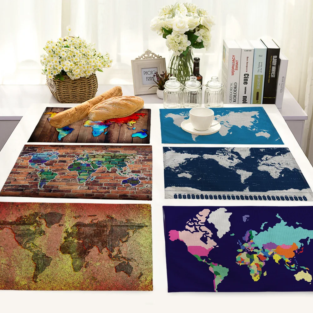 

Modern Retro World Map Heat Resistant Tableware Mat Stains Table Mat Home Kitchen Linen Rectangular Placemat Decoration