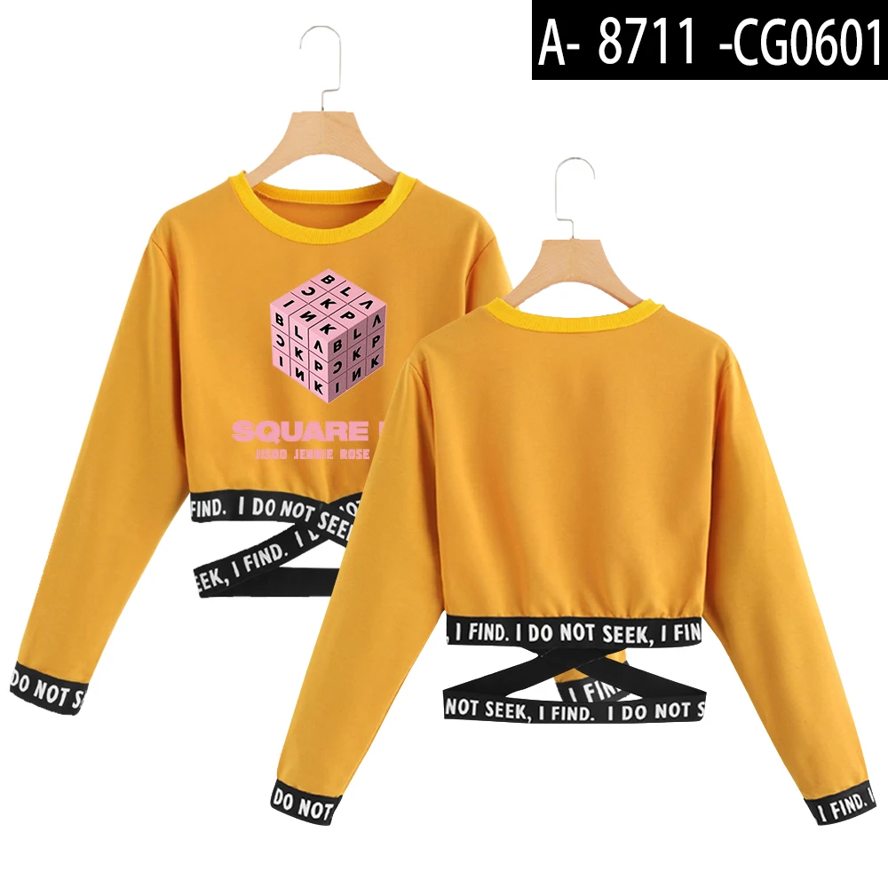 Yellow Черная розовая укороченная Женская толстовка с круглым вырезом Kpop, толстовка с длинным рукавом,, Повседневная Уличная одежда, размеры от S до 2XL - Цвет: Yellow