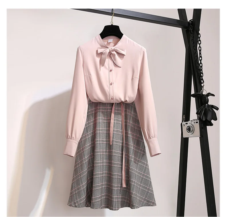2019 весенне летний комплект из 2 предметов с юбкой блузка бантом женская рубашка +