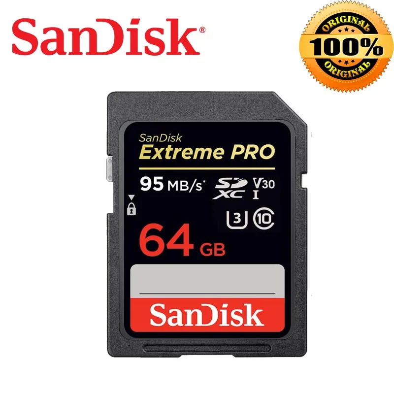 64 ГБ Карта памяти SanDisk 128gb Extreme Pro SDHC/SDXC, sd-карта до 95 МБ/с./с, 32 ГБ, 64 ГБ, 512 ГБ, 256 ГБ, класс 10, U3, UHS-I, 4K для DSLR камеры - Емкость: 64 ГБ