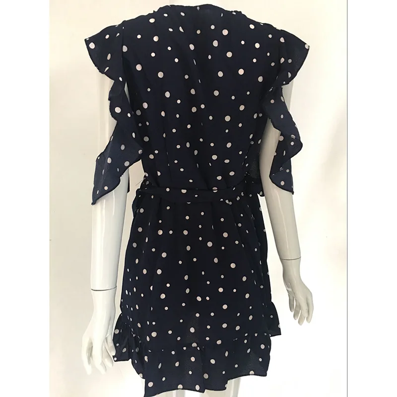JuneLove new Ruffle cold shoulder mini dress women dot print female vintage bow wrap short chiffon white vestidos | Женская одежда