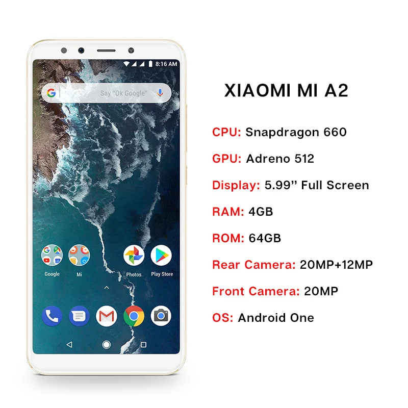Глобальная версия Xiaomi Mi A2 5 99 дюймов 18:9 полный экран 4 Гб 64 Snapdragon 660 AIE 20MP + 12MP двойная