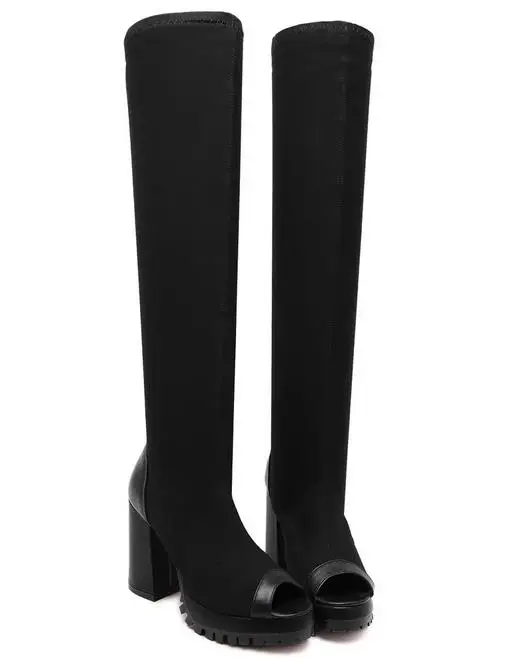 Женщины весна осень черный эластичная ткань peep toe над коленом платформы