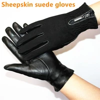 sheepskin gloves women thickening autumn and winter warm new suede gloves fashion zipper style leather finger gloves