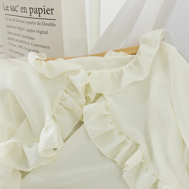 

HELIAR Ruffles Blouse Female Chiffon Solid Blouse Long Sleeve Drawstring Loose 2019 Summer O-Neck Female Transparent Blouse