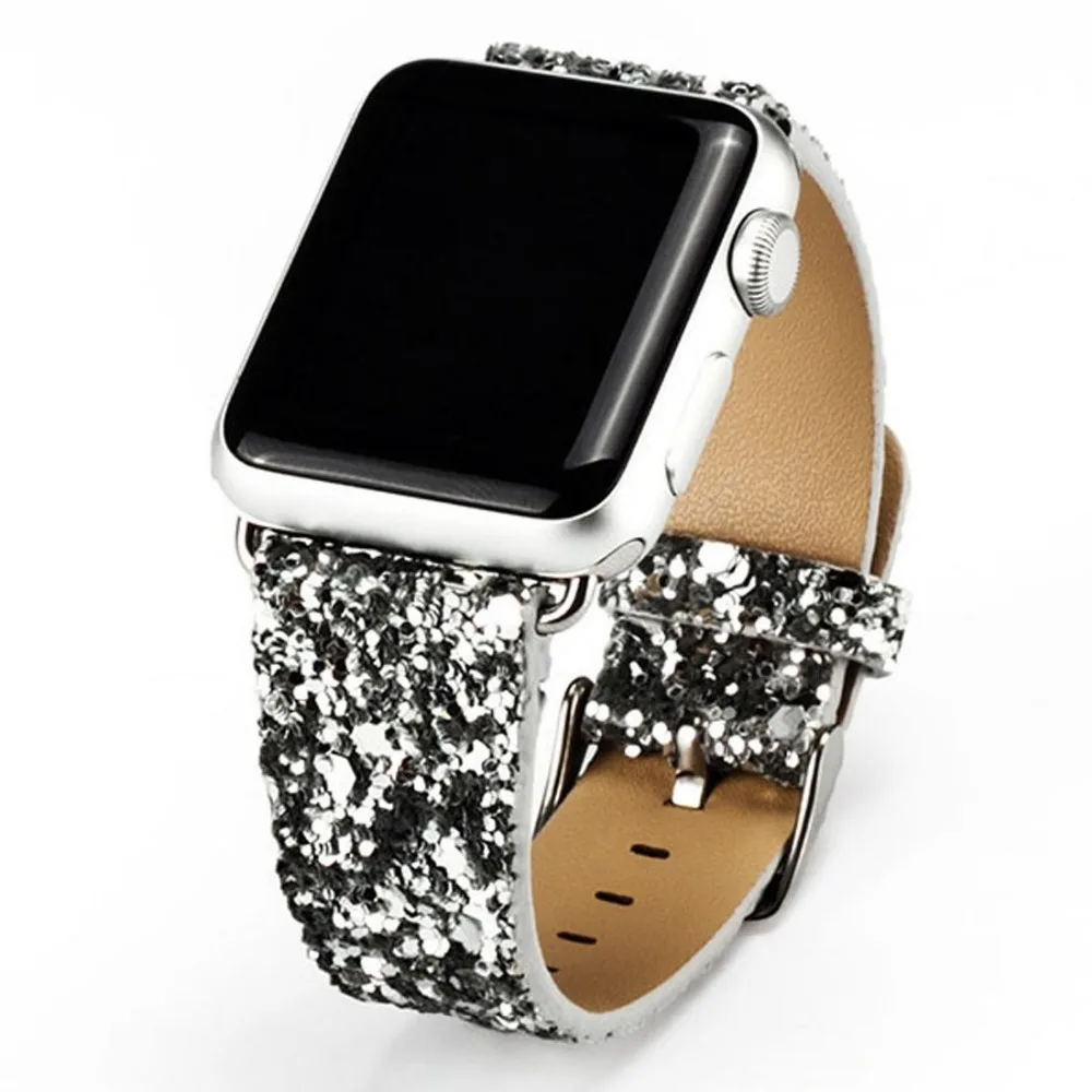 Для наручных часов Apple Watch 38/42/40/44 мм с сияющими блестками Замена кожаный браслет для наручных часов Apple Watch серии 5 4 3 2 1 ремешок