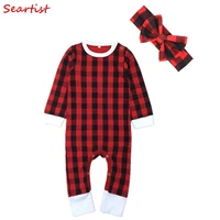 newborn spring jumpsuit swaddle blankets red plaid headbandrompers bebes baby boy girl clothes pajamas 2022 40