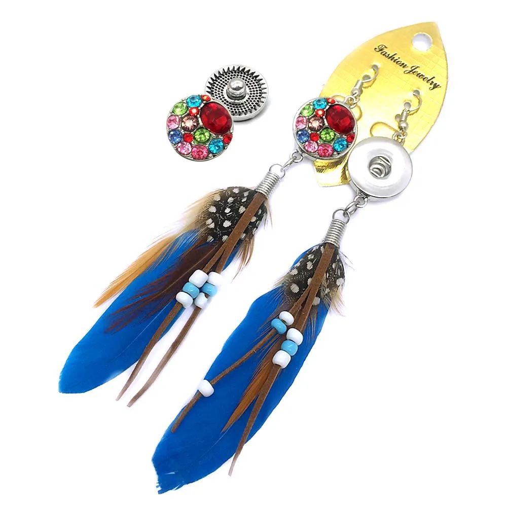 

Interchangeable Bohemia 022 trendy feather angel wing tassel dangle 18mm snap button earrings for women statement earring