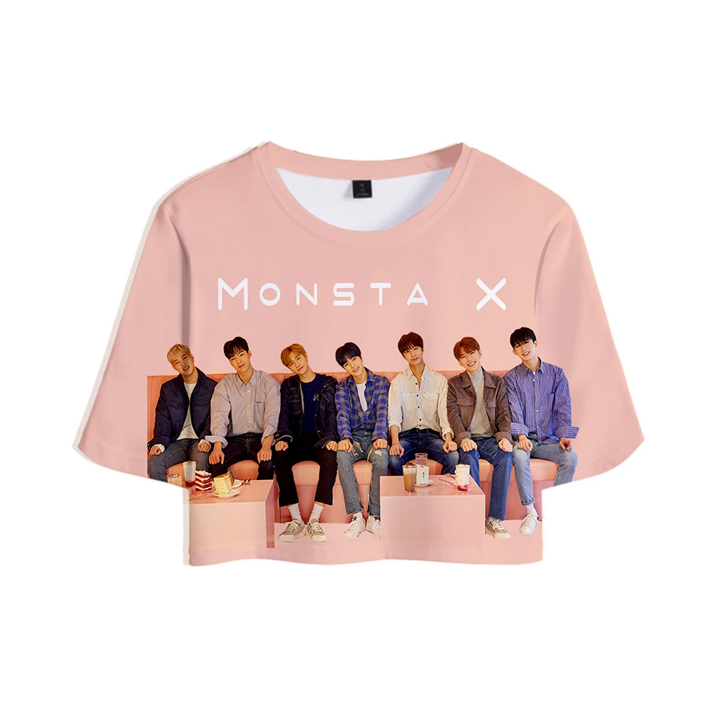 Кроп-топ Monsta X женский с 3D принтом модная летняя футболка коротким рукавом лидер