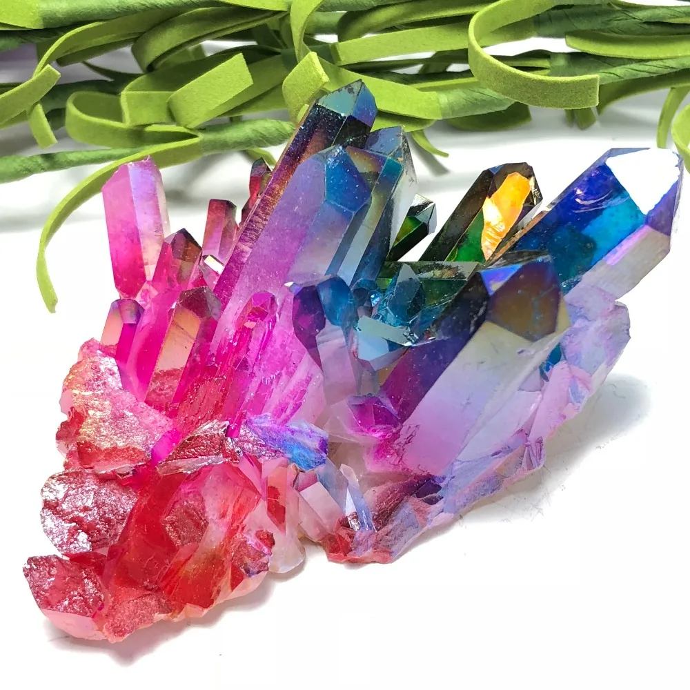

Beautiful colorful Purple Yellow Blue Aura Quartz Crystal Titanium Bismuth Silicon Cluster Rainbows Natural Stones and Minerals
