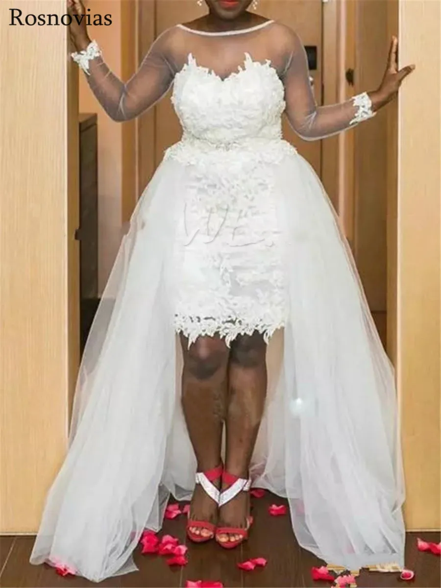 2020 Arabic Plus Size Wedding Dresses With Overskirts Sheer Neck Long Sleeves Backless Knee Length Lace Appliques Bridal Gowns | Свадьбы и