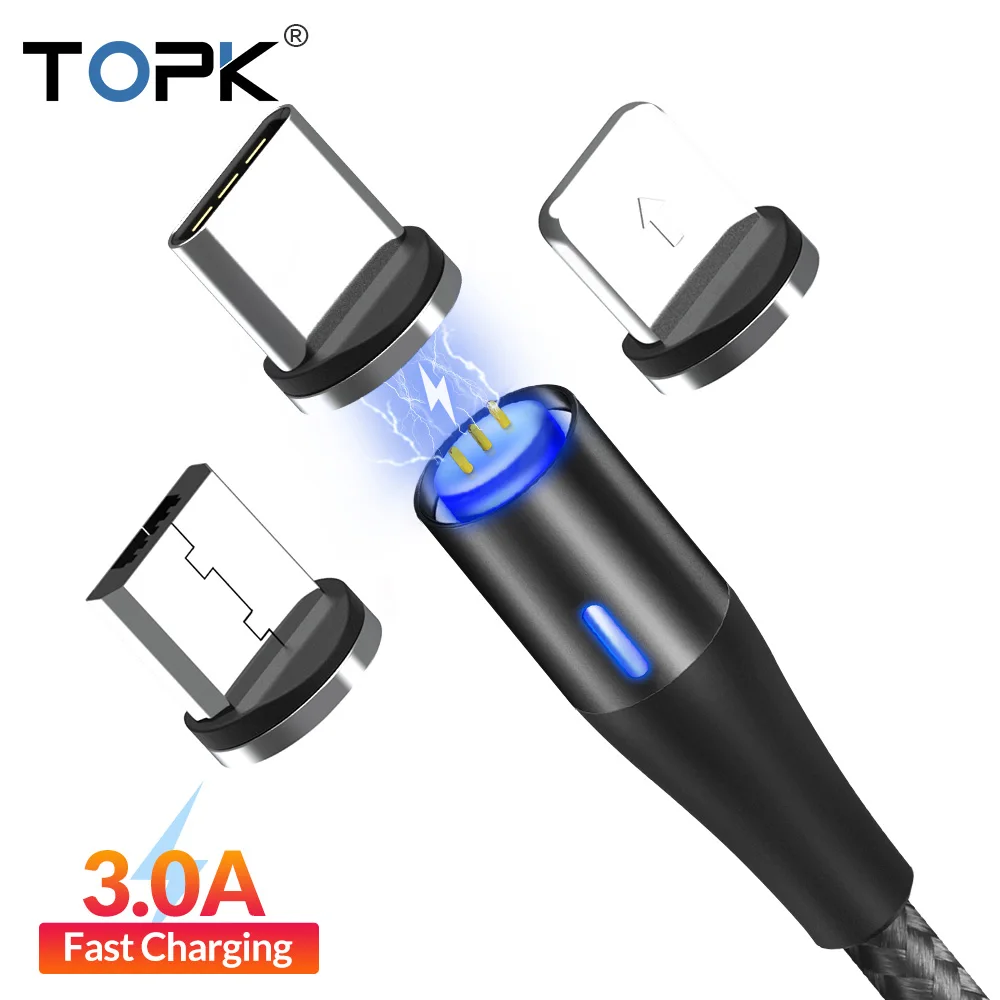 TOPK 1M 3A светодиодный магнитный usb-кабель для быстрой зарядки и передачи данных для iPhone X 8 type-C кабель Micro USB кабель для Redmi Note 7