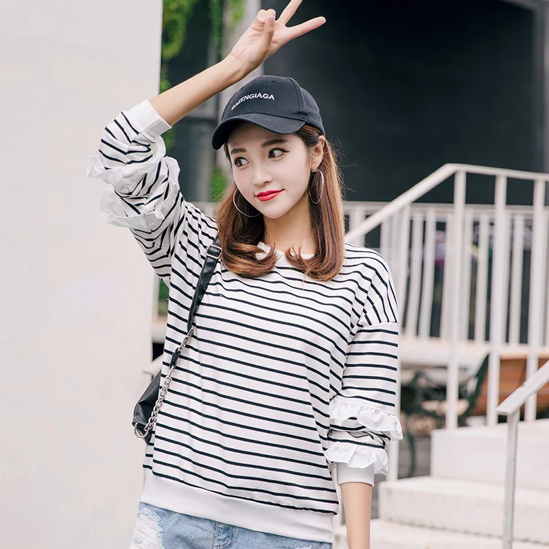 Gkfnmt Striped Petal Sleeve Floral Tshirt 2018 Autumn T Shirt Women Long Tee Femme Loose O-Neck Korea Top | Женская одежда