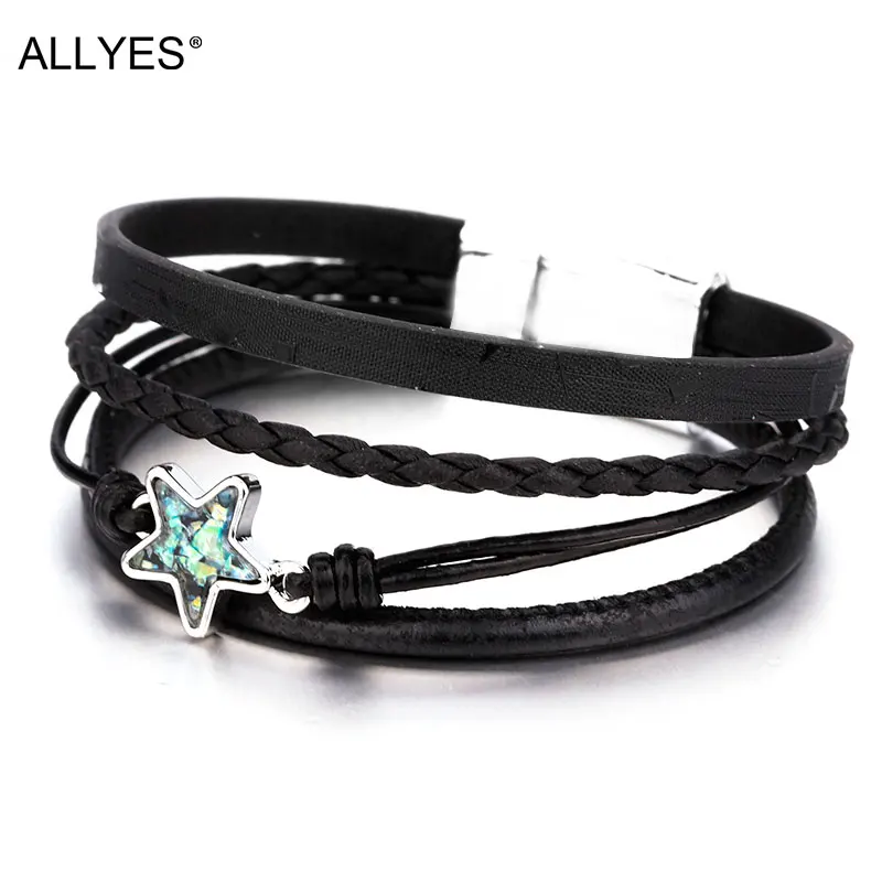 ALLYES черный Кожаные браслеты для Для женщин Femme Браслеты браслеты Очаровательные многослойные, в стиле бохо Обёрточная Бумага браслет женский ювелирные изделия