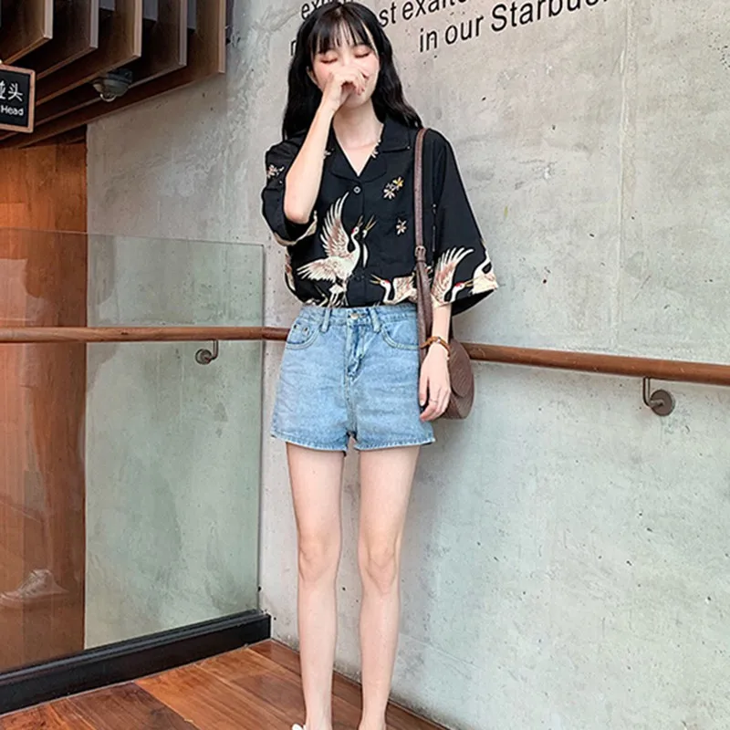 

2019 New Women's Summer Fashion Crane Printed Button Turn-down Collar Short Sleeve Blouse Top