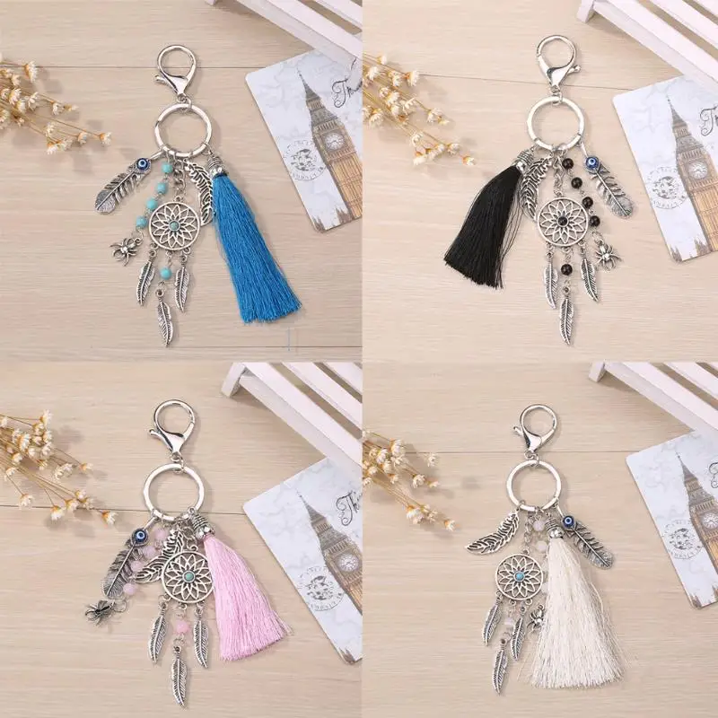 Handmade природных каменный брелок Ловец снов Ленточки для ключей с перьями Для