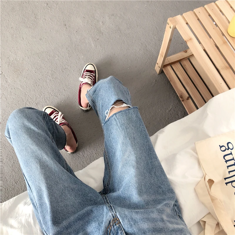 2020 summer fashion crooped denim pants with hole high waist flare jeans split at hem | Женская одежда