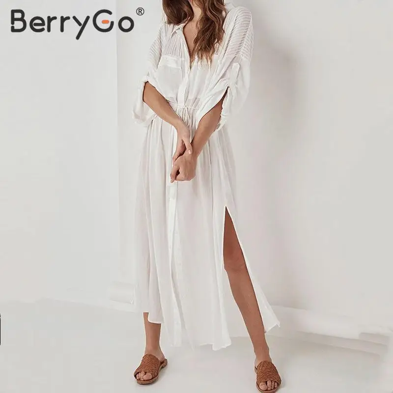 BerryGo повседневное белое хлопковое Пляжное платье для женщин на шнуровке прямое
