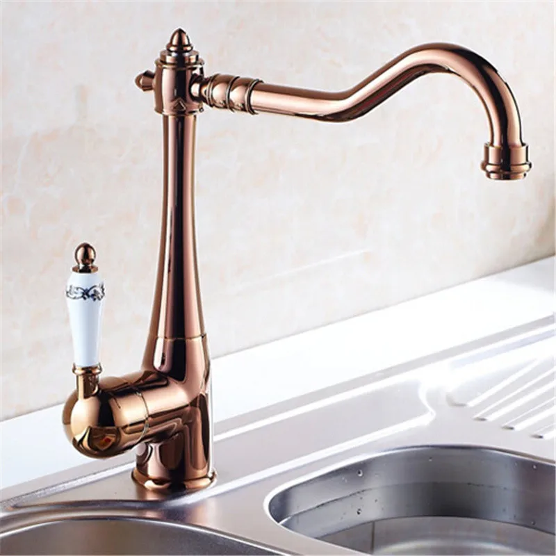 

Rose Gold Kitchen Faucets Brass Hot & Cold Sink Mixer Tap Ceramic Handle Rotating Chrome/Black Deck Mounted Free Shipping