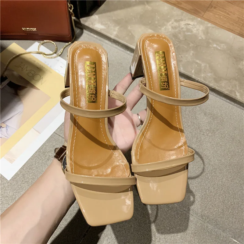 

YEELOCA Slippers Women Summer High Heels Open Toe Outside Square heel Solid Black Casual Narrow Band Slides Shoes Woman