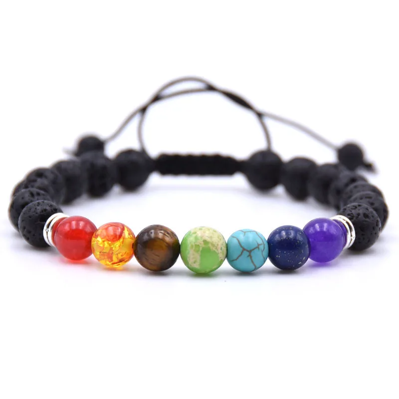 8mm Natural Round Stone 7 Chakra Volcanic  Braided Beaded Couple Bracelet Healing  Meditation Prayer Yoga Women Jewellery