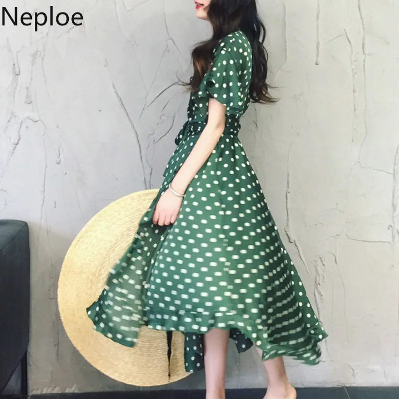 Neploe Polka Dot Retro Dress Women Summer 2019 V-Neck Three Quarter Sleeve Robe Irregular Ruffles Female Vestidos 44906 | Женская одежда