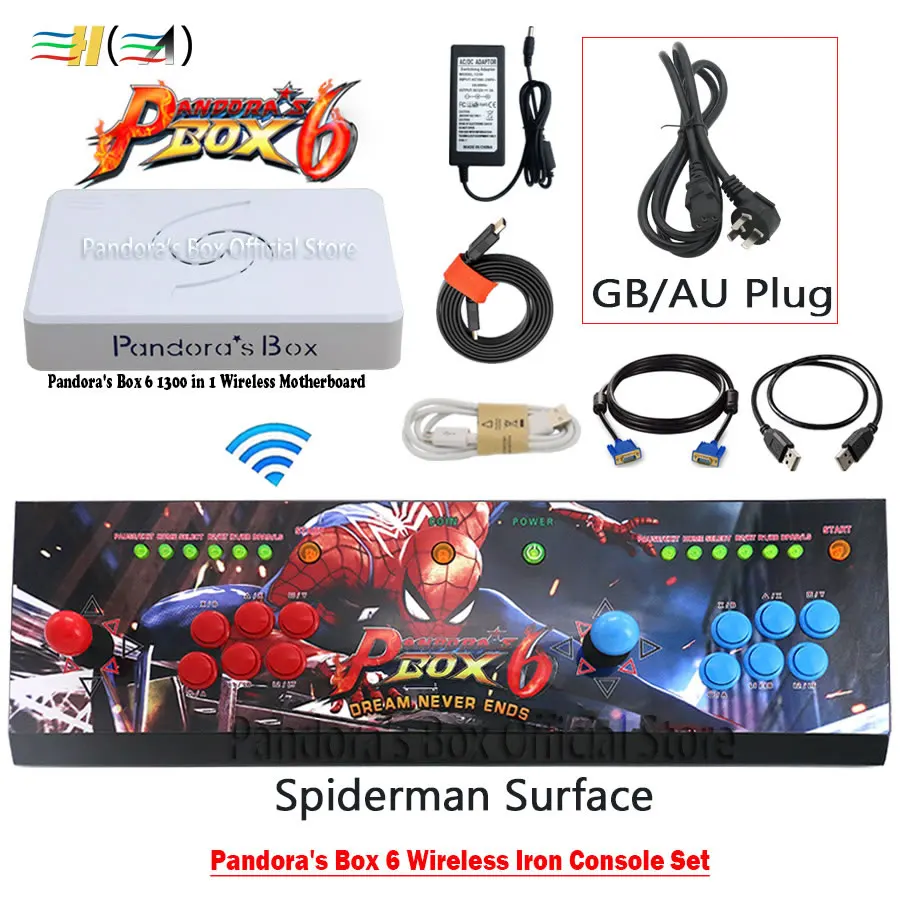 spiderman GB plug Pandora Box 6 1300 в 1 комплект беспроводной железной консоли 2 игрока джойстик кнопки контроллер может добавить 3000 игр fba mame ps1 3d игры - Цвет: spiderman GB plug