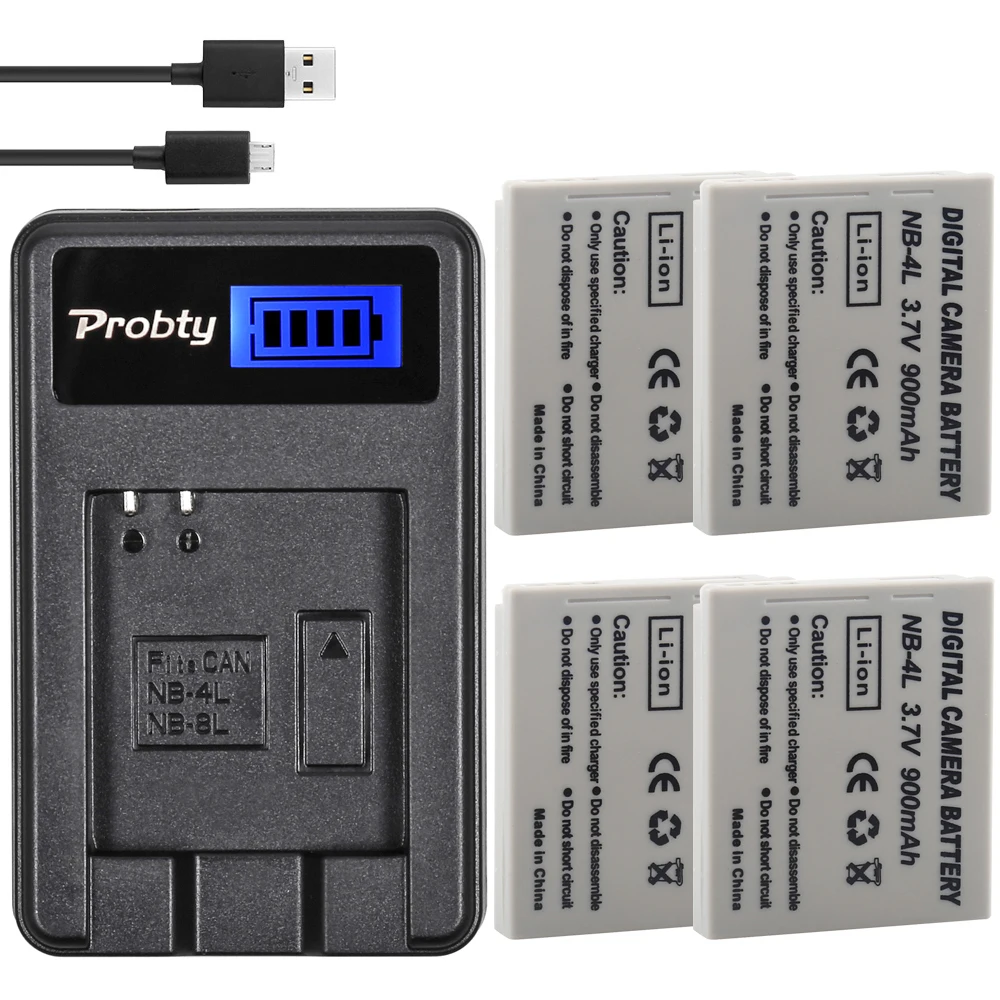 

4Pcs Probty NB-4L NB 4L Battery + USB LCD Charger for Canon PowerShot SD200 SD300 SD400 SD430 SD450 SD600 SD630 SD750 SD780 IS