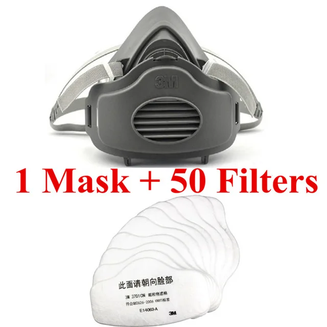 1 mask 50 filters 3 м 3200+ 50 шт. фильтры для лица, противогаз KN95 респиратор, защитная маска против пыли, против органических паров, PM2.5, туман - Цвет: 1 mask 50 filters
