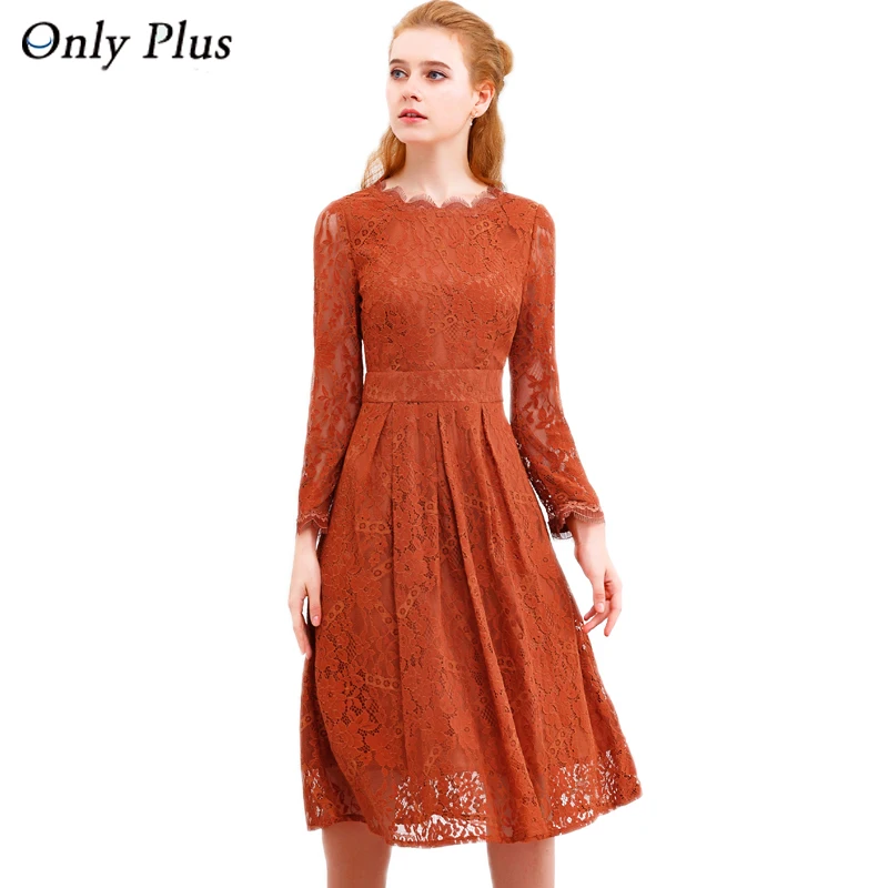 Женское ажурное кружевное платье с длинным рукавом и круглым вырезом|vestidos plus|lace