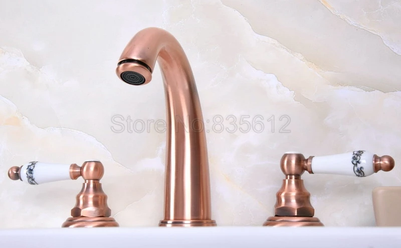 

Antique Red Copper 3 hole Bathroom Tub Faucet Deck Mounted Dual Handle Basin Sink Mixer Tap Widespread Faucets Wrg062