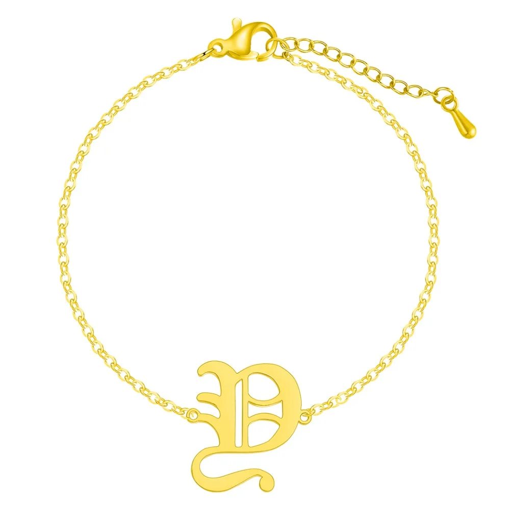 QIAMNI Stainless Steel Old English Initial Capital Y Alphabet Font Letter 26 A-Z Bangle Bracelet Anklet Birthday Gift Pulseras | Украшения