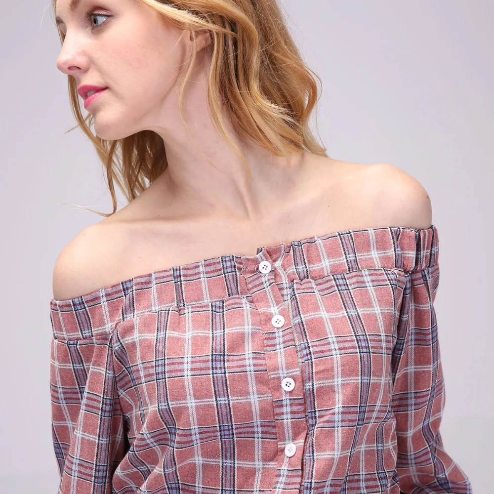 Женская блузка с открытыми плечами Dioufond элегантная хлопковая в клетку летние