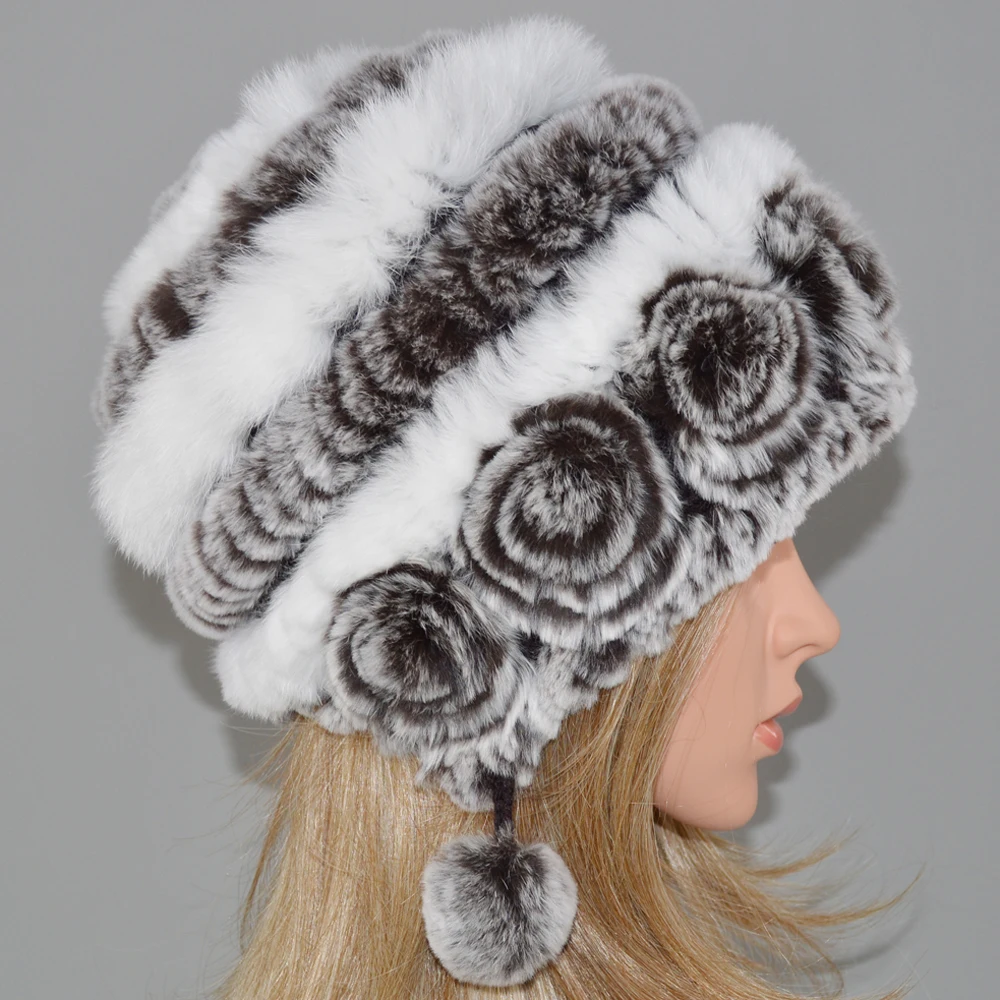 Новинка модная женская шапка из натурального меха кролика Рекс зимняя вязаная 100%