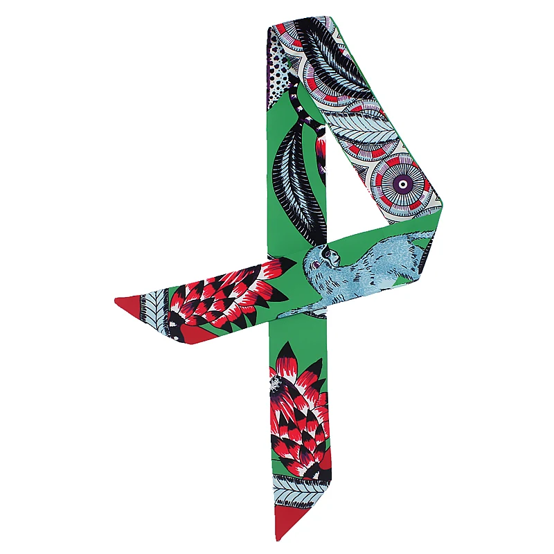 2018 New Fashion Cute Animal Cat Feather Print Silk Scarf Women Brand Bag Ribbons Hot Sale Head Small Long Scarves | Аксессуары для