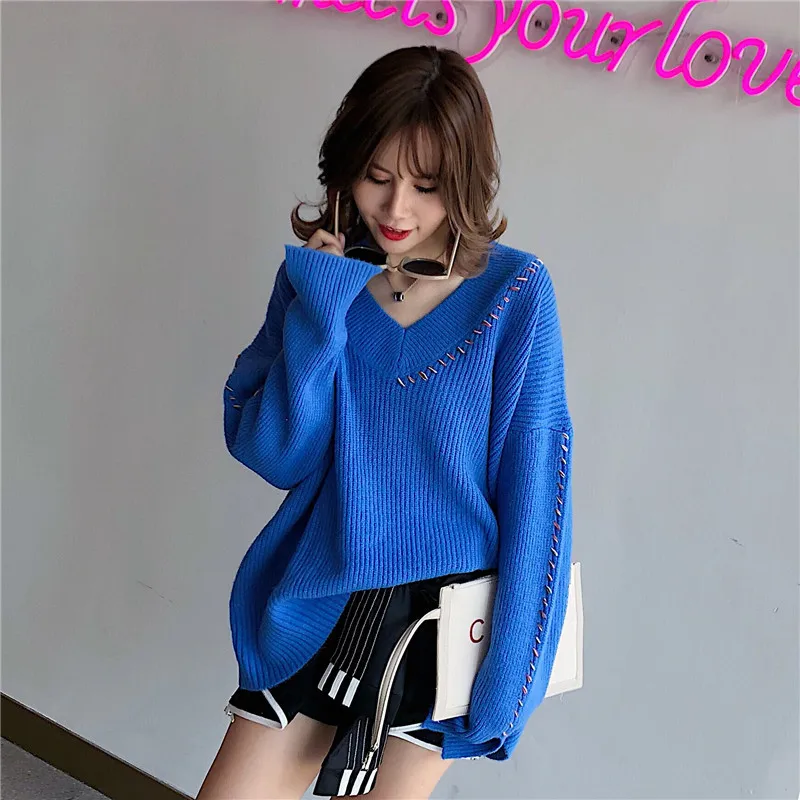 Alpaca V-Neck Lace Up Sweaters Fashion 2018 Women Plus Size Loose Clothing Knit Sweater Womens Pullover Long Sleeve | Женская одежда