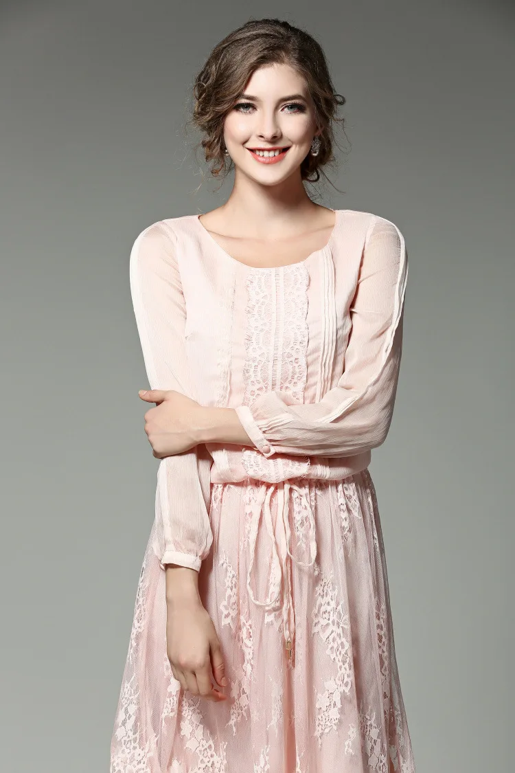Осень 2017 г. Женщины Розовый o образным вырезом Фонари рукавом Кружева платье дамы
