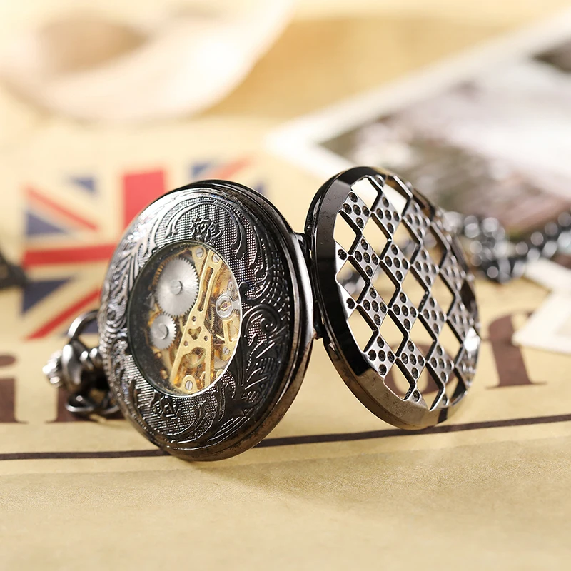 Механические, автоматические, ручные карманные часы для мужчин reloj de bolsillo флип черный чехол Fob цепи часы с ожерельем для мужчин s часы в подарочной коробке