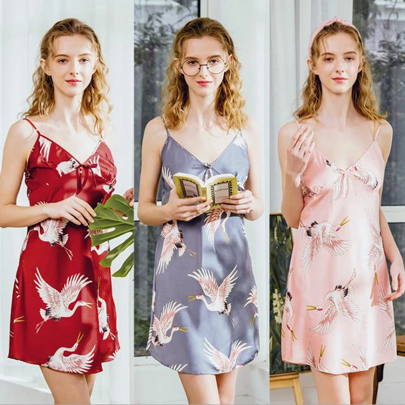 

Summer Women Gallus Nightgown New Arrival Crane Robe Sleepwear Indoor Robe Home Bathrobe Sexy Robe Morning Gown