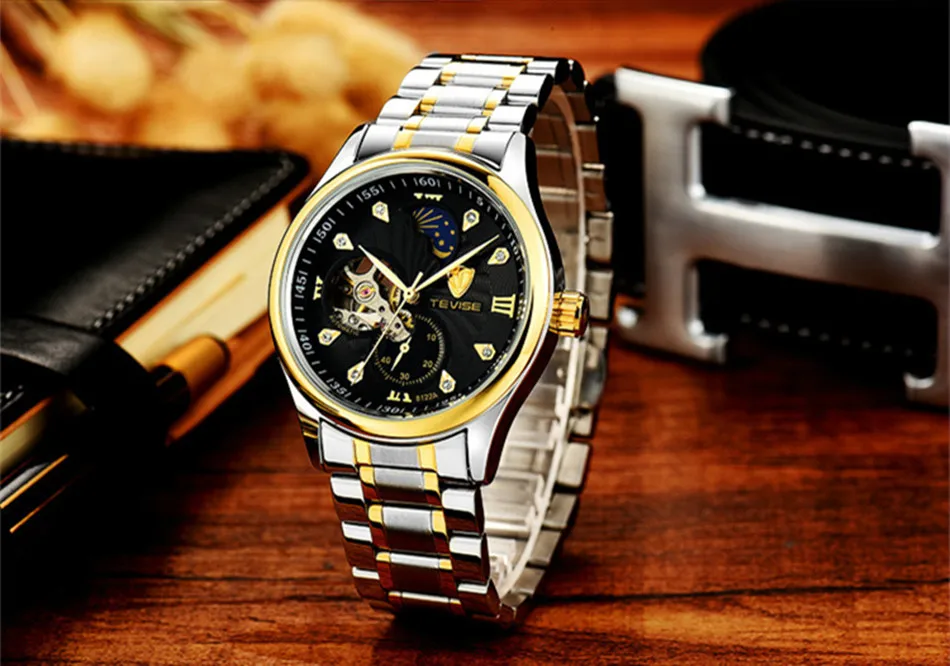 Брендовые часы, мужские роскошные часы TEVISE Tourbillon, автоматические механические часы, водонепроницаемые, с фазой Луны, стальные мужские наручные часы, мужские часы