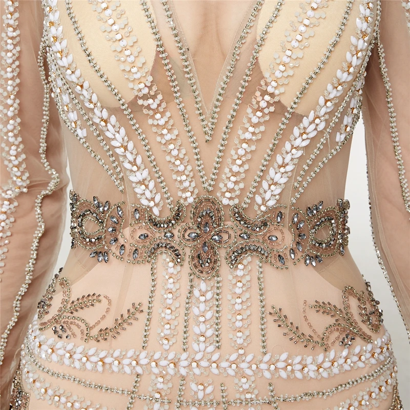 

2019 New Fashionable Deep V Neck Evening Dresses Champagne Beaded Crystals Mermaid bolero Women Long Sleeves Tull Party Gown