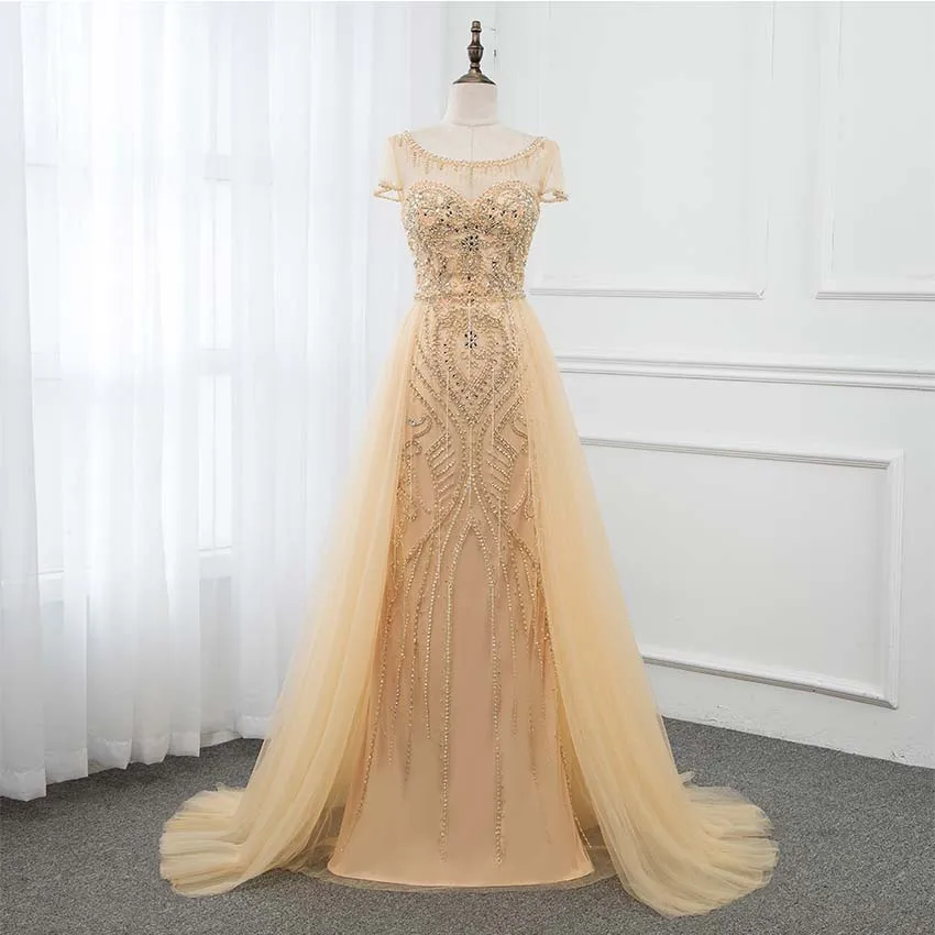YQLNNE Золотое длинное выпускное платье с вырезом лодочкой и коротким рукавом