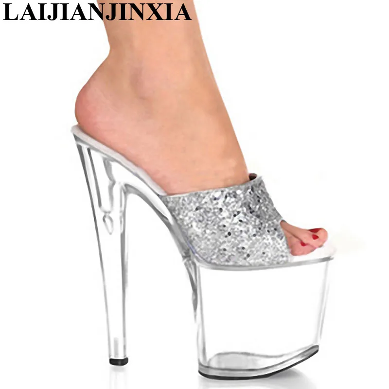 8 Inch Summer Clear High Heel Shoes For Women Sexy Crystal Shoes 20cm Silver Glitter Slippers Dance Shoes E-094