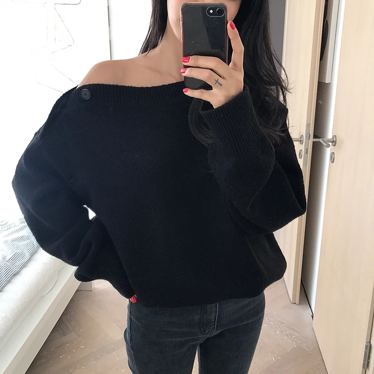 WHITNEY WANG 2018 осенне-зимний модный сексуальный свитер с асимметричными пуговицами