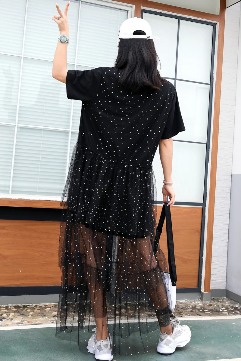 European station tide brand niche print sequin mesh stitching short-sleeved T-shirt female fashion fairy cake skirt summer | Женская