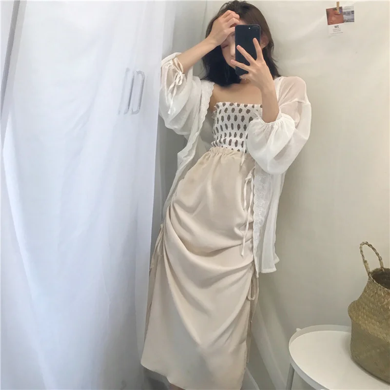 Корейский укороченный топ в горошек + винтажная юбка с разрезом сбоку на кулиске