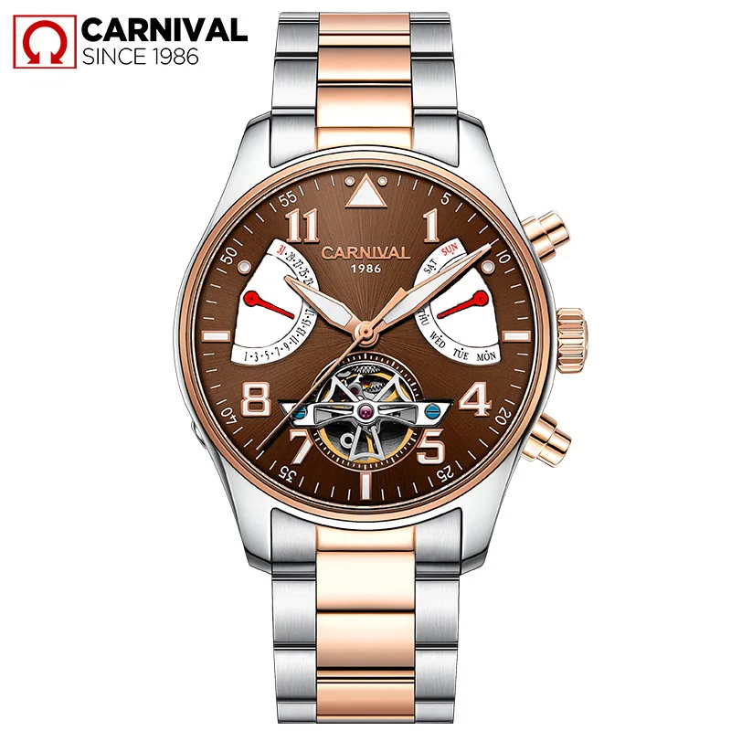 Gold Steel Brown Карнавальный Скелет Sandblast механические мужские часы водонепроницаемые светящиеся из нержавеющей стали Tourbillion Montre TopBrand Роскошные relogio - Цвет: Gold Steel Brown