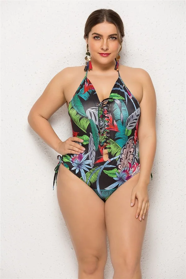 02 Plus size Купальник купальник женский Боди женское летнее сексуальное глубокое V кружевное с принтом обтягивающее пляжное Boho Боди большой Размер 4XL 5XL женское бикини с открытой спиной - Цвет: 02 Plus size
